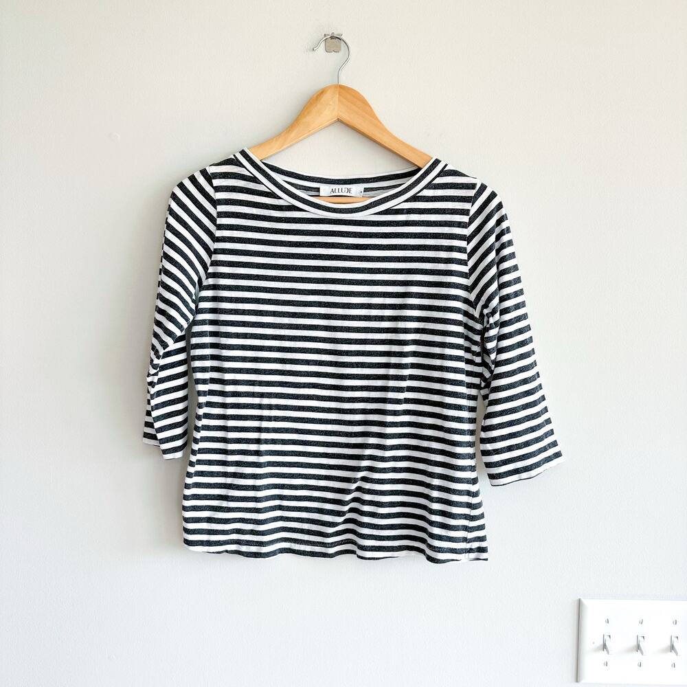 ALLUDE Striped 3/4 Sleeve T-Shirt Top Gray White M